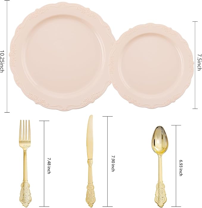 DaYammi 150Pcs Pink Plastic Plates & Gold Plastic Silverware,Pink Disposable Plates for Party Include 30 Dinner Plate,30 Dessert Plate,30 Gold Forks and 30 Spoons, 30 Knives for Wedding Bridal Shower