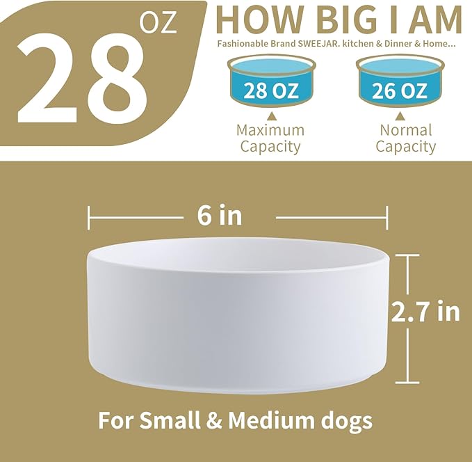 White Elevated Dog Bowl Ceramic for Small Medium Sized Breed,Raised Dog Food Water Bowl with Stand,6 in 3.6 Cups Non Slip Pet Dish Heavy Weighted