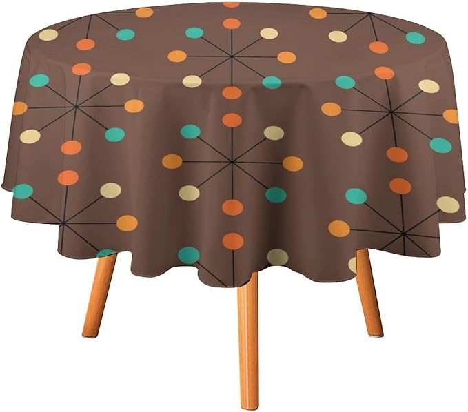 Mid Century Boho Round Tablecloth, 50s Mid Century Modern Geometric Pattern Tablecloth for Home Party Dining Room Kitchen Decor 60Inch(152cm)