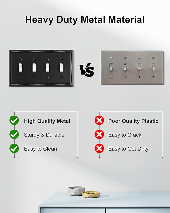 2-Pack Quad Toggle Light Switch Cover Plate, 4 Gang Metal Switch Plate Covers, Black Pearls Decorative Wall Plate, Corrosion Resistant