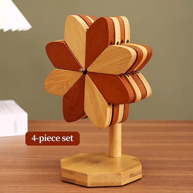 Wooden Tree Coaster, Trivet for hot Dishes, Trivet for hot Pot and Flat Bottomed pan, Wooden Windmill Cup Holder -3 or 4 or 5 Wooden mats+1 Bracket(Windmill placemats 4 pcs)