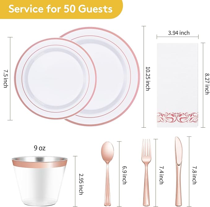 Goodluck 350 Piece Rose Gold Dinnerware Set for 50 Guests - Disposable Plastic Plates, Paper Napkins, Cups, Silverware for Party