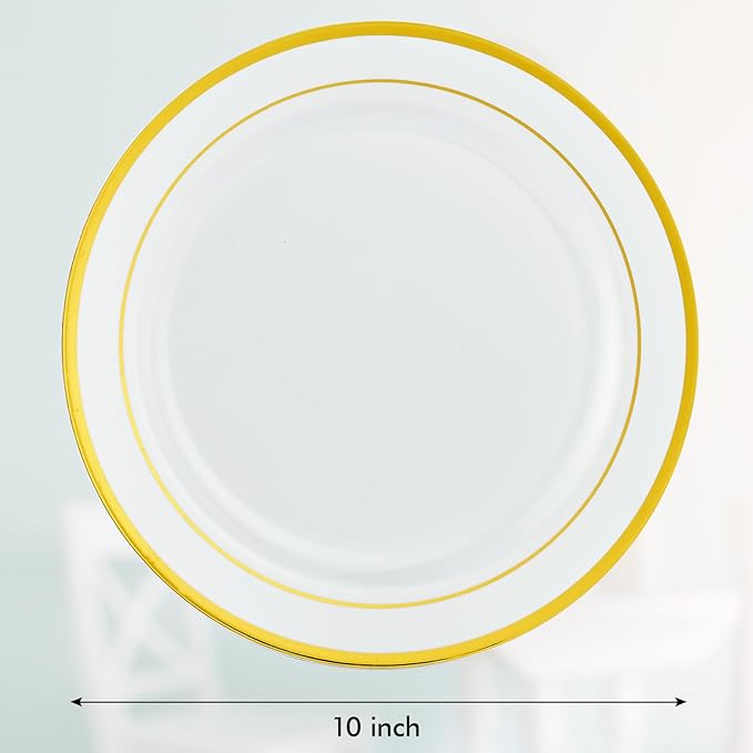 Vplus 100 Piece 10 Inch Gold Plastic Plates Disposable, Heavy Duty White Elegant Durable Dinner Plastic Party Plates with Gold Rim Perfect for Party Christmas