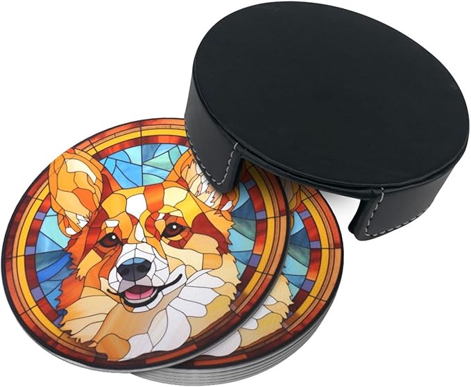 Drink Coaster Set of 6, Corgi Dog Mom Lover Gift,Leather Drink Coasters with Holder,6 Pack Cup/Bar/Drink Coasters for Table/Drinks/Coffee Protection Housewarming Gift