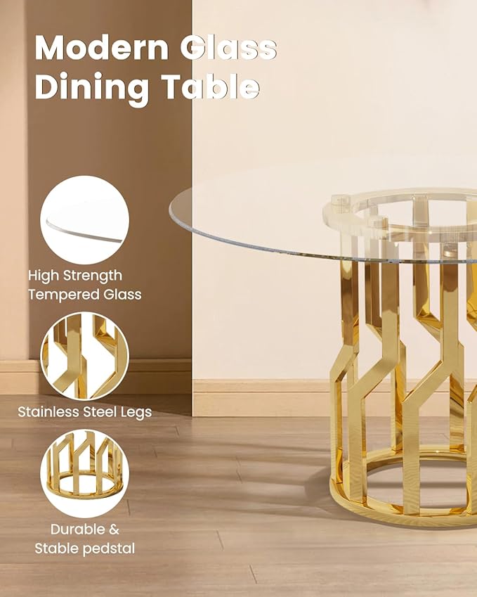 47.2" Round Glass Dining Table Set for 4, Modern 5 Piece Kitchen Table Set with Gold Stainless Steel Base & 4 PU Leather Accent Chairs, Saving Space, Dining Set for Apartment, Home - Black Chair