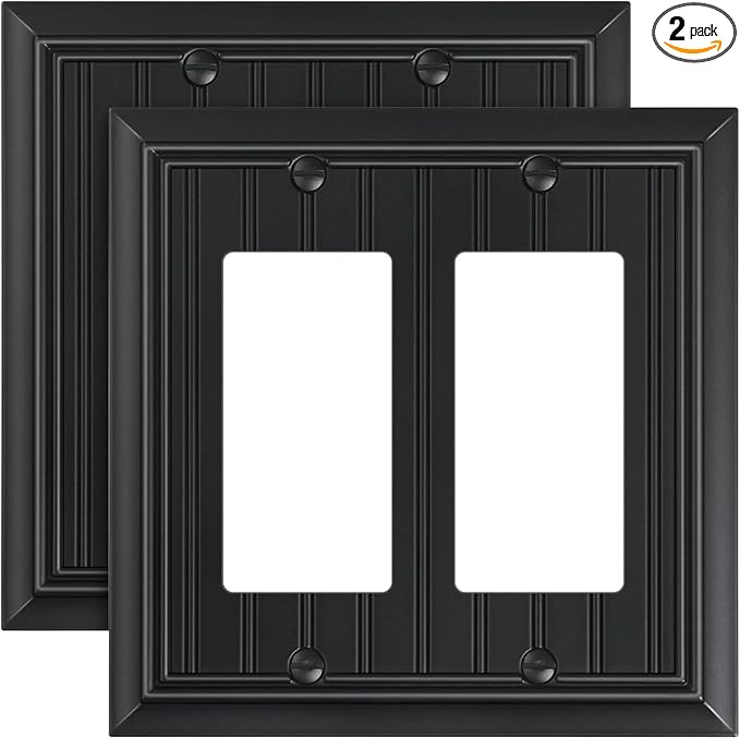 2-Pack Classic Beadboard Decorative Double Decorator Outlet Cover Plate, Matte Black Durable Natural Bamboo Fiber Wall Plates for Electrical Outlets, Receptacle, GFCI Outlet, Dimmer Switch, 2-Gang