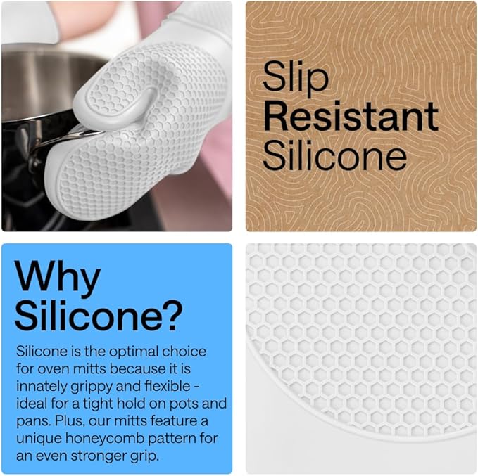 GORILLA GRIP BPA-Free Soft Silicone Oven Mitts, 14.5x8.3, Heat Resistant and Waterproof Cooking Gloves, Thick Cotton Lining, Flexible Gripping for Baking Grilling, Kitchen Potholders Set of 2, White