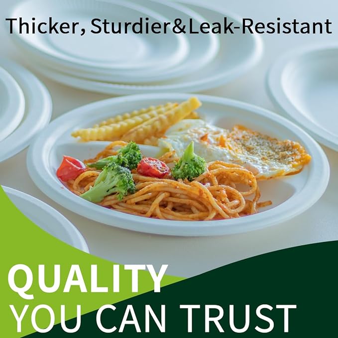 10 Inch 3 Compartment Paper Plates 【White 150 Pack】, Compostable Divided Plates, 100% Sugarcane Bagasse, Heavy Duty Disposable Plates for Party, BBQ, Picnic, Catering