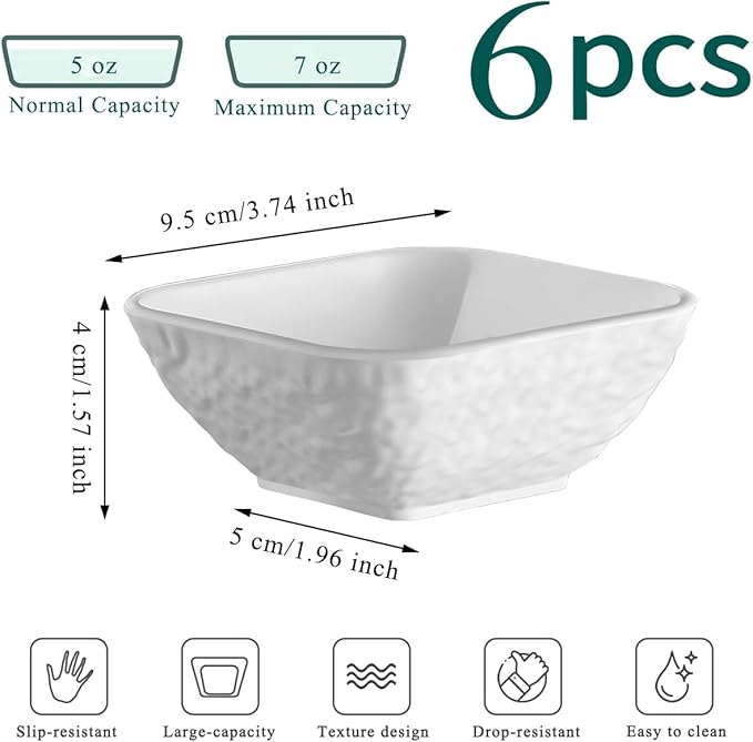 Kyraton Dip Bowls Set 6pcs 6oz, White Plastic Dipping Bowls Soy Sauce Plate for Side Dishes, Condiment Server for Tomato Sauce, Ketchup, Vinegar, BBQ and Party Dinner, Mini Appetizer Plates.