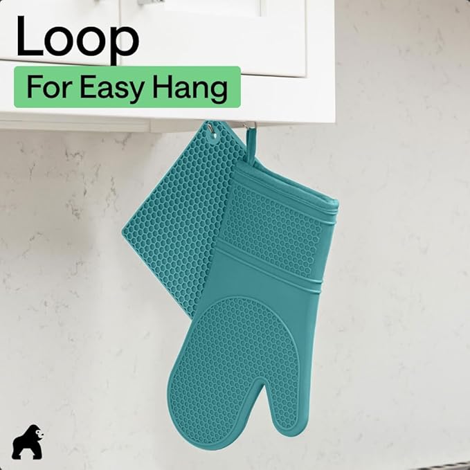 GORILLA GRIP BPA-Free Soft Silicone Oven Mitts and Pot Holders Sets, Heat Resistant Waterproof Cooking Gloves, Thick Cotton Lining, Flexible Gripping for Baking Grilling, Kitchen Trivets, Turquoise