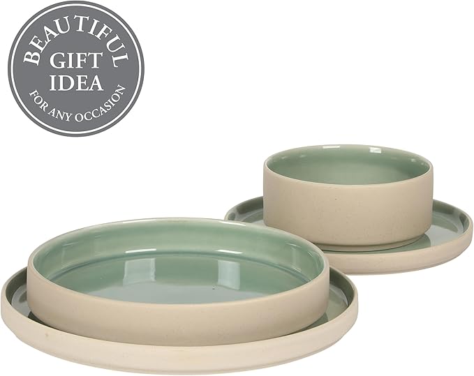 Gibson Elite Liberty Bay 16-Piece Pottery Clay Stoneware Dinnerware Set – Mint Green Reactive Glaze, Stackable Plates and Bowls W/Pasta Bowl, Service for 4 – Microwave & Dishwasher Safe