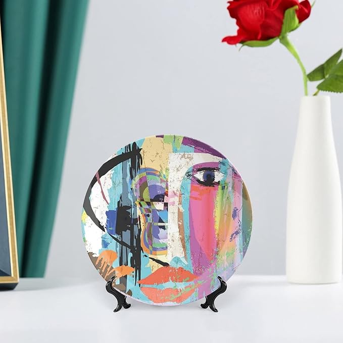 Ceramic Display Plate, Abstract Ceramic Hanging Decorative Plate, Woman Face Art Paint Strokes and Splashes Eye Red Lips Grungy, 7 Inch, Living Room Kitchen Decoration Household, Multicolor