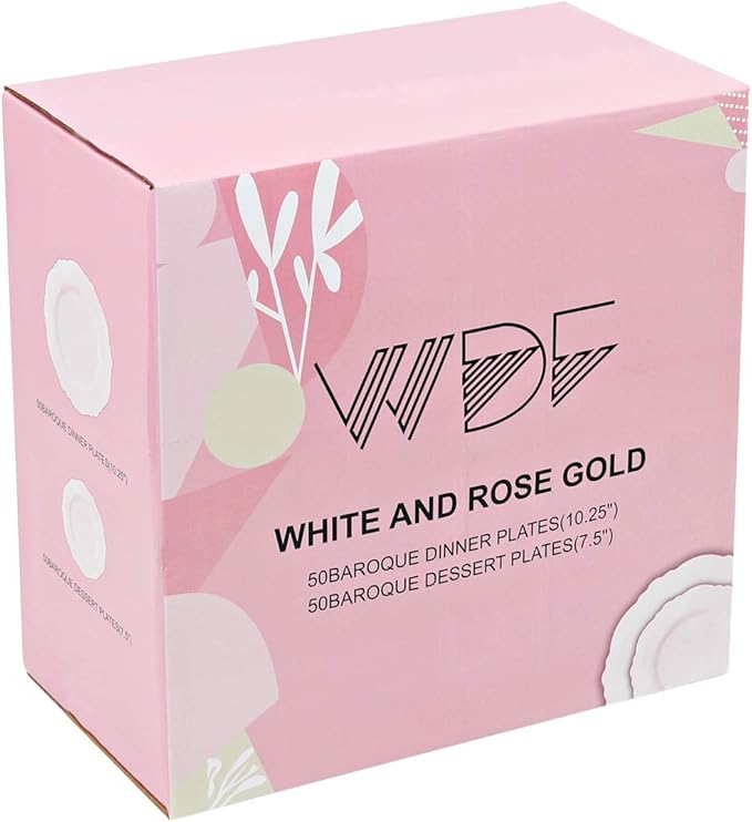 WDF 100pcs Rose Gold Plastic Plates-Baroque White &Rose Gold Disposable Plates including 50Plastic Dinner Plates 10.25inch,50Salad Plates 7.5inch for Wedding & Parties