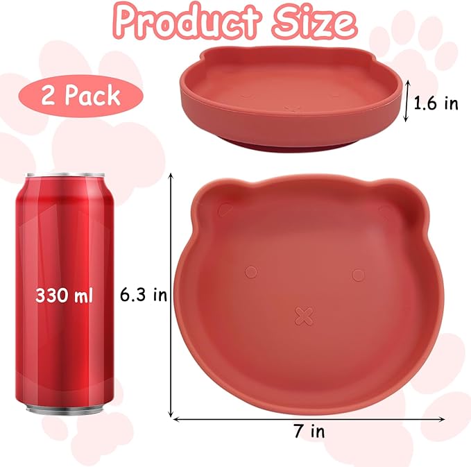 Silicone Cat Food Bowl Suction Cup Cat Dish 7" Shallow Cats Food & Water Bowls Set of 2 Non-Slip Kitty Plates Relief Whisker Fatigue Puppy Feeding Bowl for Dry & Wet Food (Red)
