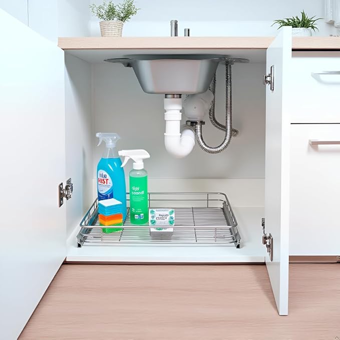 Cabinet Pull Out Shelves (14" W x 21" D), Heavy-Duty Pull Out Shelves for Kitchen Cabinets, Chrome-Plated Steel Slide Out Shelf