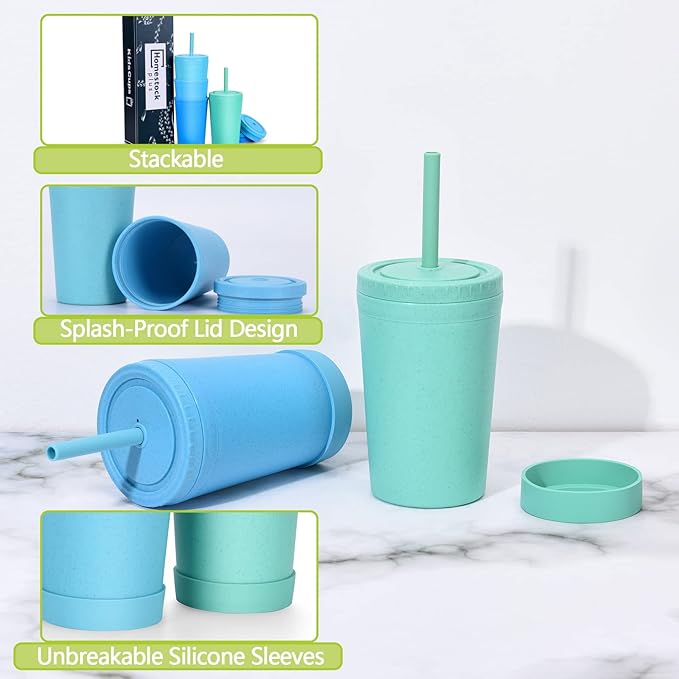 Homestockplus Reusable Wheat Straw Cups with Lid and Straws, 10 Oz Chip Resistant Drinking Cups, Small Water Cups with Silicone Straws - BPA Free Dishwasher Safe for Milk, Drinks, Smoothies