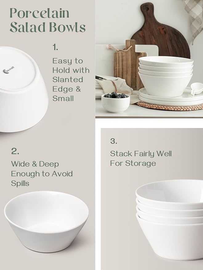 DOWAN 32 OZ Large Soup Bowls Set of 4 - White Ceramic Bowls for Kitchen, Deep Bowls for Cereal, Salad, Pasta, Fruits, Ramen, Dishwasher & Microwave Safe