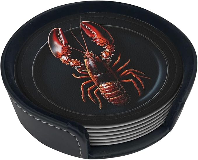 Lobster on a Plate Printed Leather Coasters for Drinks, Set of 6 Drink Coaster Dining Room Decor Cup Coasters
