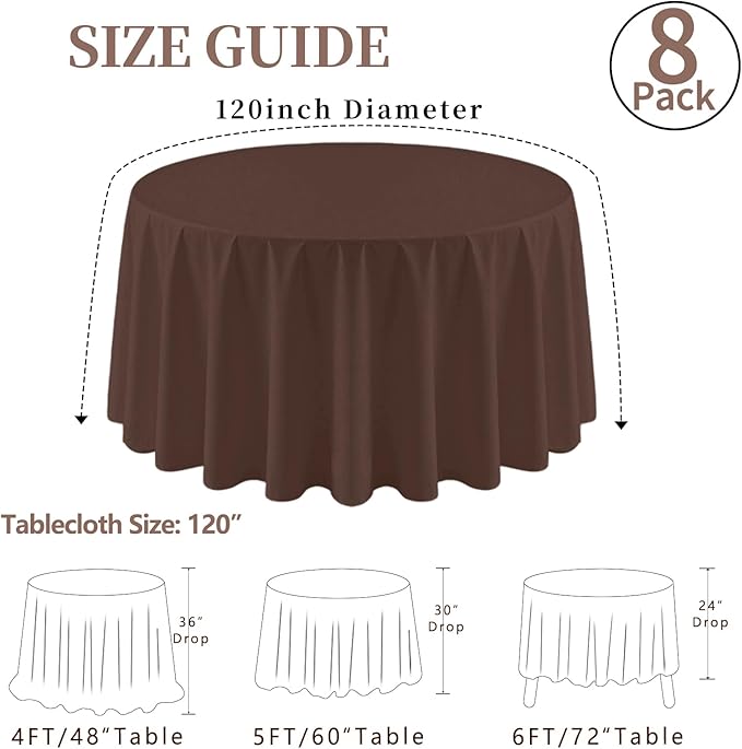 8 Pack Round Tablecloth 120 Inch Cloth Brown Tablecloth for Round Tables, Washable Polyester Table Cloth Stain and Wrinkle Resistant Decorative Table Cover for Wedding Party Dining Banquet