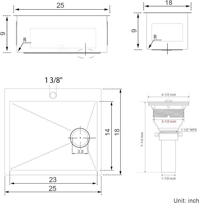 25x18 Inch Kitchen Sink, Commercial Grade 304 Steel Kitchen Sink, Centre-Offset Drain, 9" Deep Single Bowl Kitchen Sinks, Brushed(Inclued Bottom Grid & Drain Strainer)