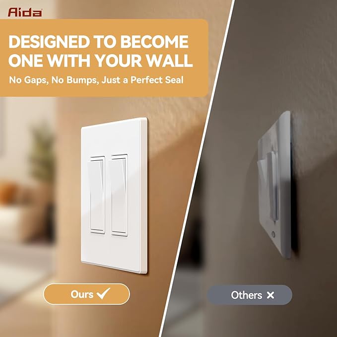 AIDA 10 Pack Screwless Wall Plate cover, 2 Gang Wall Plate Screwless Outlet Switch Covers Outlet Covers Switch Plate Wall Plates for Electrical Outlets and Switches, UL Listed -Matte White