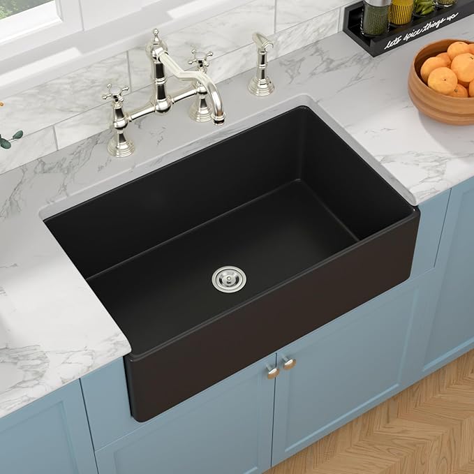 Sarlai Black Farmhouse Sink - 33 Inch Kitchen Sink Apron Front Matte Black Fireclay Ceramic Porcelain Single Bowl Kitchen Farmer Sinks Basin