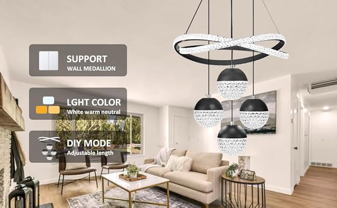Modern LED Chandeliers, Dimmable 3-Color Kitchen Island Pendant Light for Dining Room, Bedroom, Living Room, Contemporary Hanging Ceiling Light, Linear Island Lamp ﻿