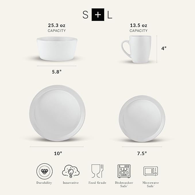 SERVICE FOR 4 - Total of 16 pieces including 8 dinner plates (10”), 4 salad plates (7.5”), 4 bowls (5.75”), and 4 mugs (12 oz), making it the perfect set to service 4 people