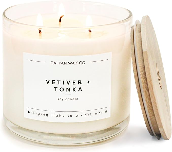 Calyan Wax Co. Vetiver & Tonka 3 Wick Scented Candle - 43 Hour Burn - Luxury 3 Wick Soy Candles - Non Toxic Soy Wax Candles - Long Lasting Large Glass Jar Candle for Home - 14.9oz