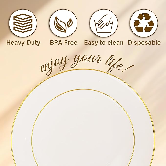 Nervure 100Pcs Ivory and Gold Plastic Plates - 7.5inch Disposable Ivory Dessert/Salad Plates - Heavy Duty Plastic Plate Ideal for Wedding & Party