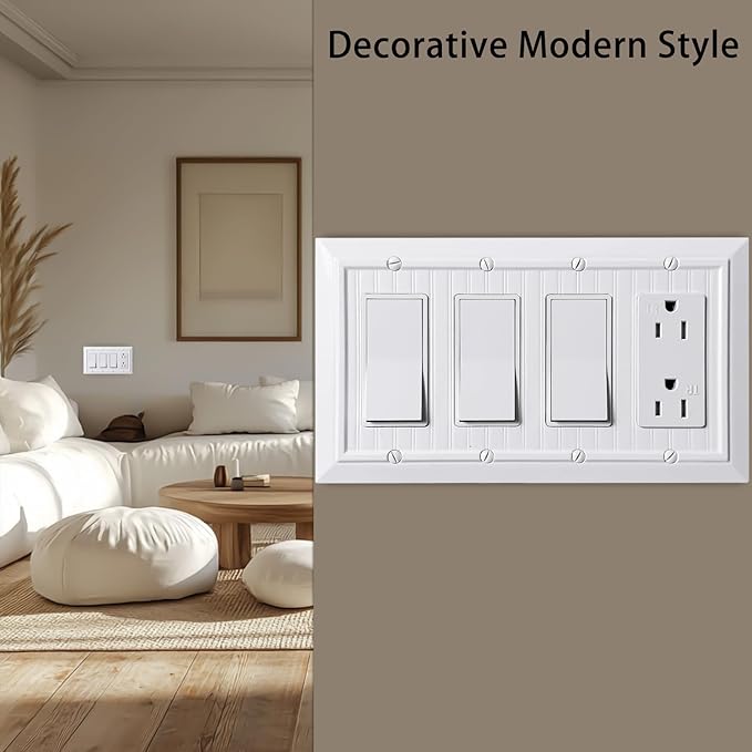 Beadboard Outlet Covers Wall Plates, Bamboo Fiber Light Switch Covers, Natural Material Electric Receptacle Decorative Switch Plate Outlet Cover (Pure White, 4 Gang Decorator 1 Pack)