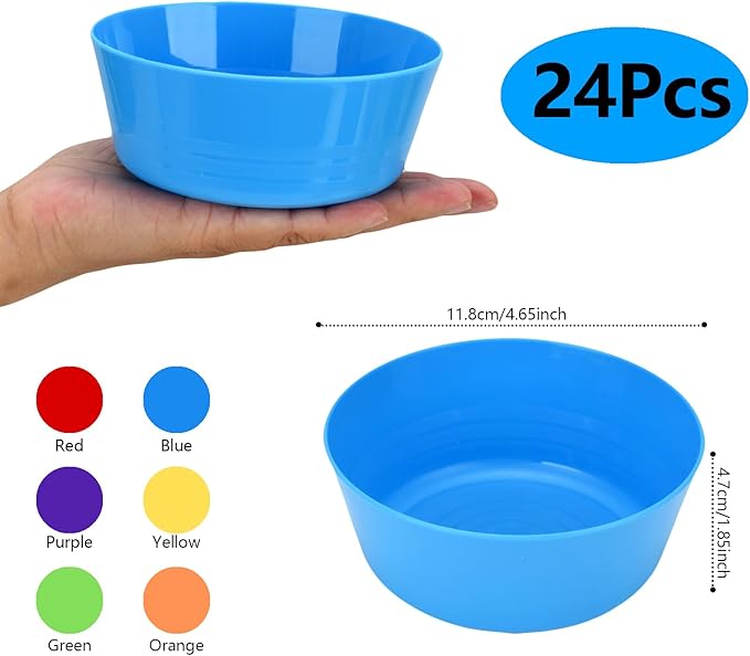 24-Pack Plastic Bowls 10 oz, Microwave & Dishwasher Safe, 6 Vibrant Colors (4 Each), Lightweight Stackable Bowls for Cereal, Salad, Soup, Snacks, Party, Camping