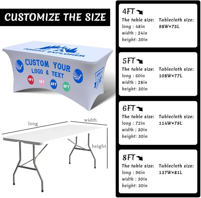 Personalized Table Cloth with Logo Image Customized Tablecloth 4FT/5FT/6FT/8FT Spandex Customized Table Cover Promotional Business Tradeshow Events Birthday Party Wedding (5FT Spandex(Open back))