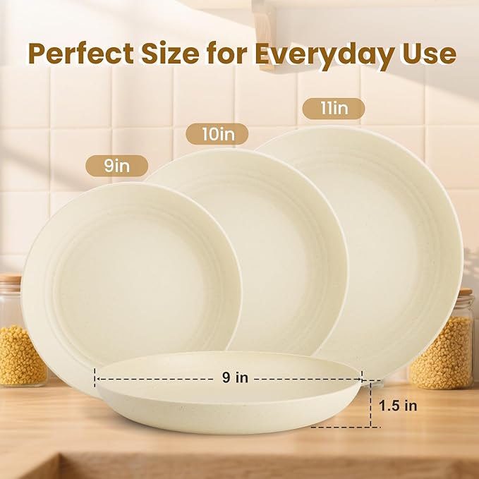 Deep Dinner Plates Set of 8, Wheat Straw Plate 9 Inch, Lightweight and Unbreakable Plastic Plate Reusable, Microwave & Dishwasher Safe Camping Plates for Picnic, Outdoor, Travel (Beige)