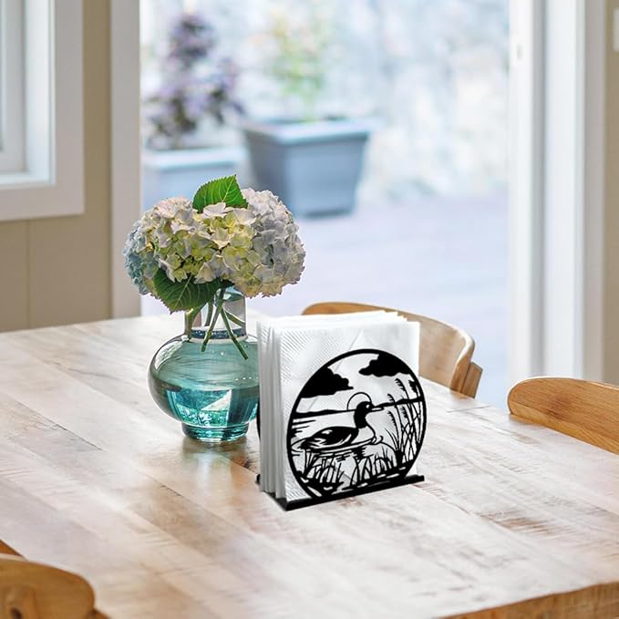 Mallard Duck Decorative Black Metal Napkin Holder for Table, 5.3" x 4.9" x 1.9" Duck Animal and Reed Standing Napkin Holder for Home Kitchen Restaurant Picnic Party Coffee Bar Dining Room