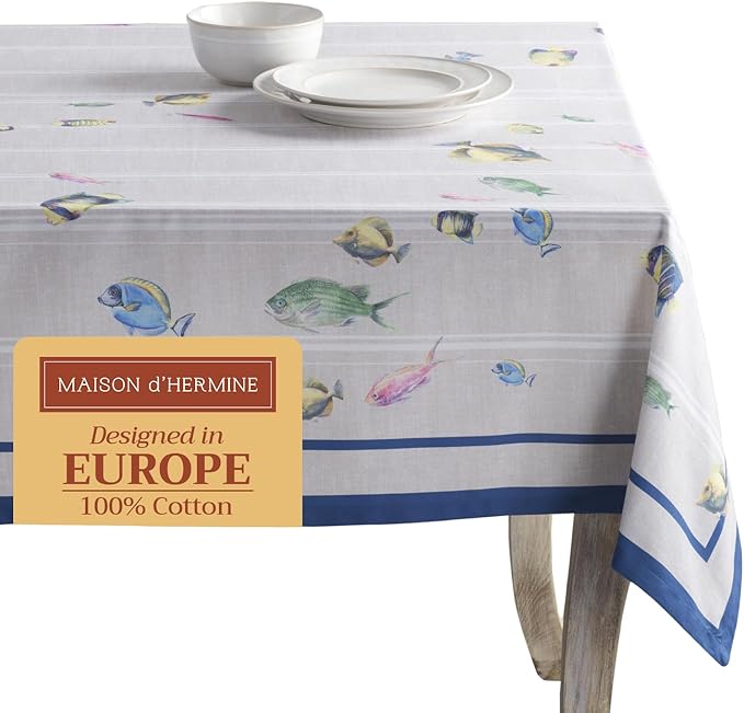 Maison d' Hermine Table Cloth Square Table 100% Cotton 54 x 54 Inches Tablecloth Reusable Decorative for Dining Room Farmhouse Home Valentines Day Decorations Spring Summer - Poisson