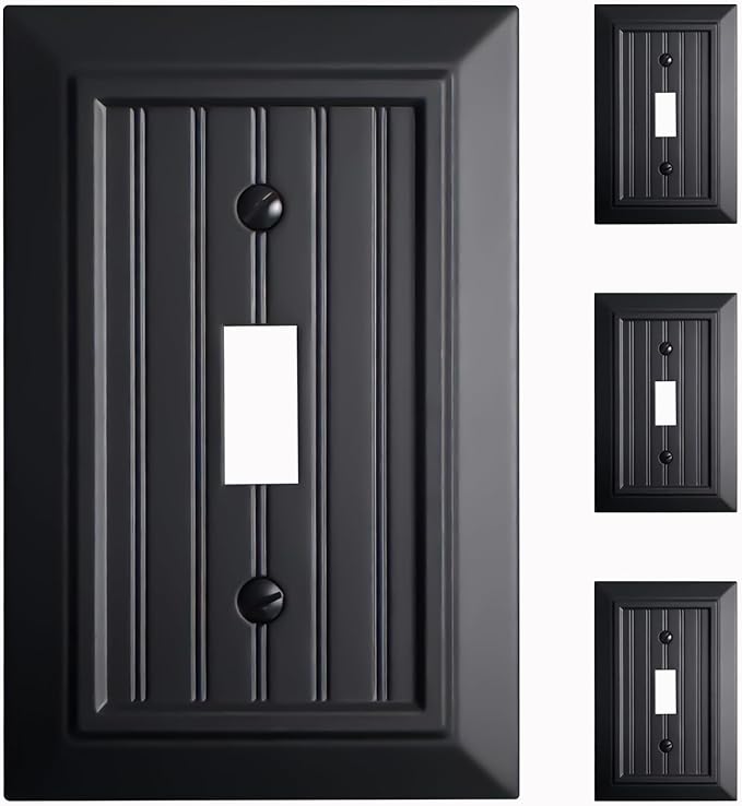 Beadboard Outlet Covers Wall Plates, Bamboo Fiber Light Switch Covers, Natural Material Electric Receptacle Decorative Switch Plate Outlet Cover Matte Black (1 Gang Toggle 4 Pack)