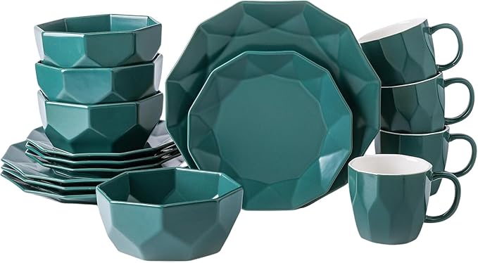 Stone + Lain Jamie Porcelain 16-Piece Geometric Dinnerware Set, Green