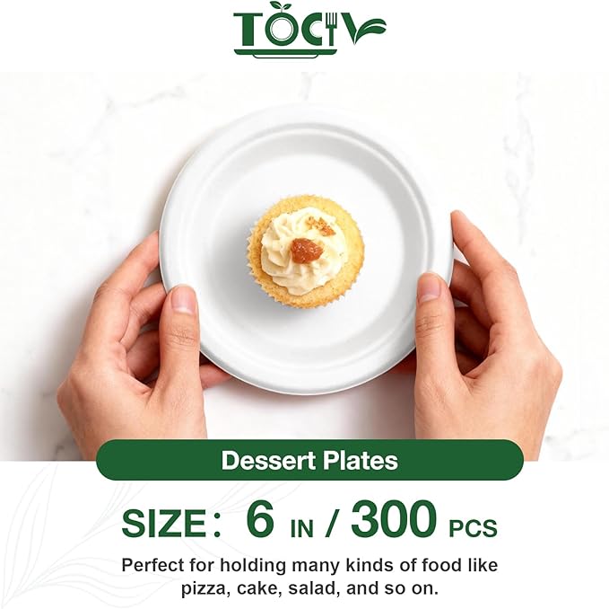 Compostable Paper Plates 6 Inch 300-Count Disposable Heavy Duty Party Small White Plates for Appetizer Dessert Cake Birthday Holiday Kids Party Supplies