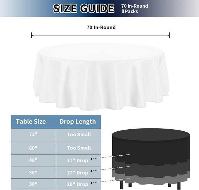 PureFit 8 Pack Round White Table Cloths 70 Inch for Round Tables, Stain and Wrinkle Resistant Table Linens for Home Use, Wedding, Party, Banquet and Camping