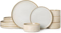 Stoneware Dinnerware Sets for 4, Stoneware Plates and Bowls Set, 12-Piece Ribbed Dishes – Chip & Scratch Resistant, Microwave and Dishwasher Safe Tableware, Reactive White