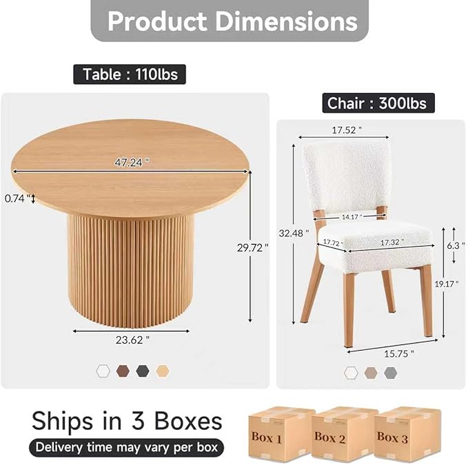 Howtek 5-Piece Modern Dining Room Set, 47" Round Dining Table and 4 Space-Saving Upholstered Stackable Dining Chairs, Kitchen Table and Chairs Set for Home, Kitchen, Living Room (Oak/White)
