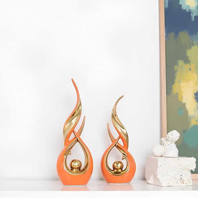 XMGZQ Gold Ceramic Abstract 2 Piece Statue Set,Mid Century Modern Abstract Art Home Decor Statue Mantelpiece on Unique Shelf Decor, TV Cabinet Divider Table top and Dining Table Centerpiece (Orange)
