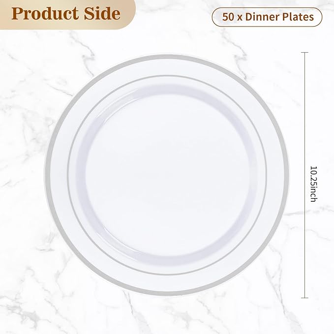 BESTVIP 50PCS Silver Plastic Plates, 10.25 Inch Disposable Dinner Plate Party with Silver Rim, Heavy Duty Disposable Plastic Plates for Christmas, Thanksgiving, Party, Wedding and Birthday