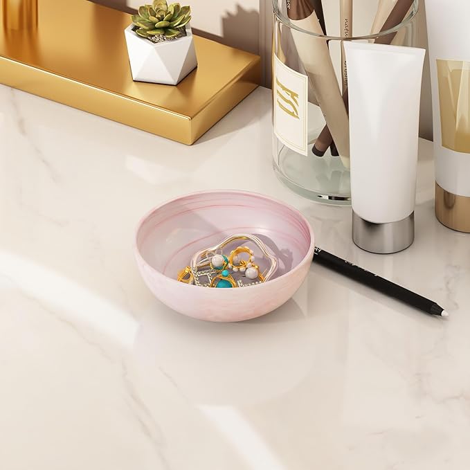 Small Decorative Bowl, Marble-patterned Ceramic Bowl, Modern Home Decor Centerpiece 6.1 Inches Key Bowl for Entry Table, Pink