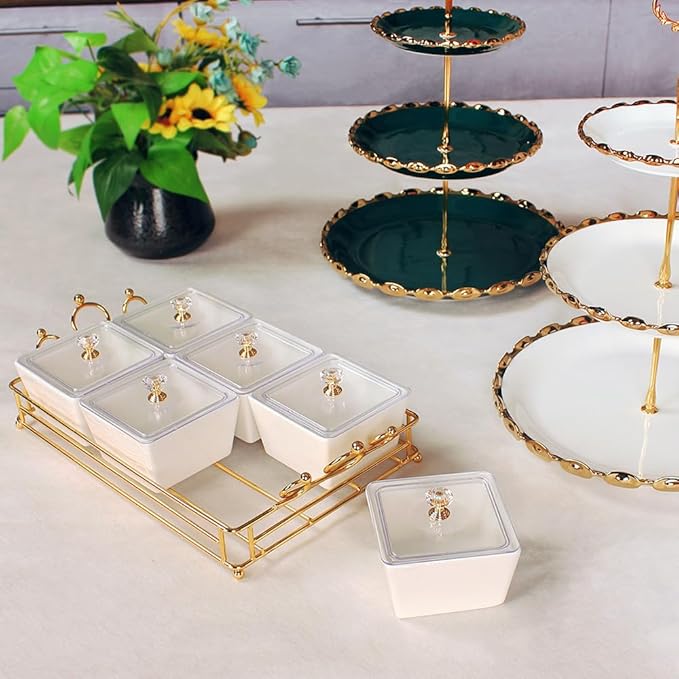 YA JU Ceramic Bowls and with Lid Gold Basket Trays, 6 Removable Small Bowls Condiment Trays Nut Serving Set for Snacks, Fruits, Candy and Condiments -Great for Parties, Holiday Gifts, White