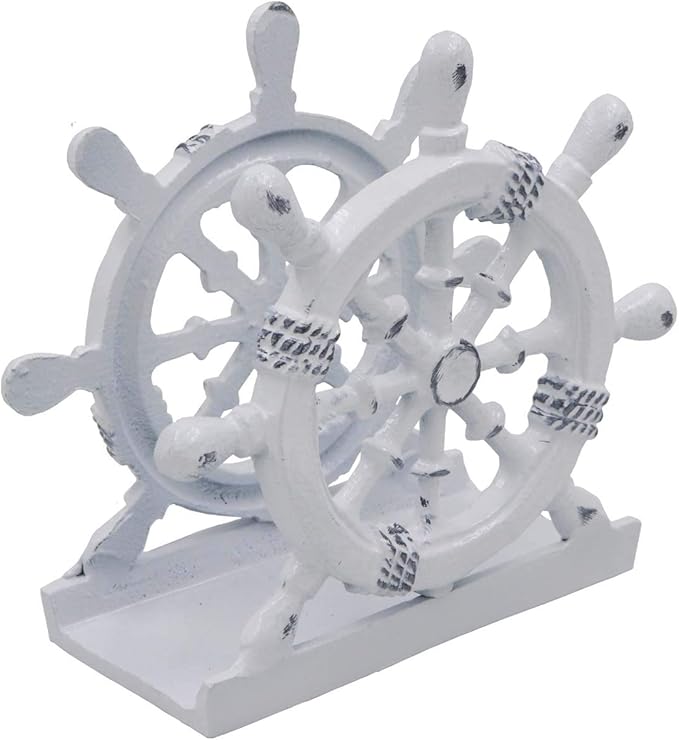THDC Nautical Napkin Holder, Lunch, Dinner, Nautical Collection Napkin Holder, Made of Metal (Wheel Distressed White)