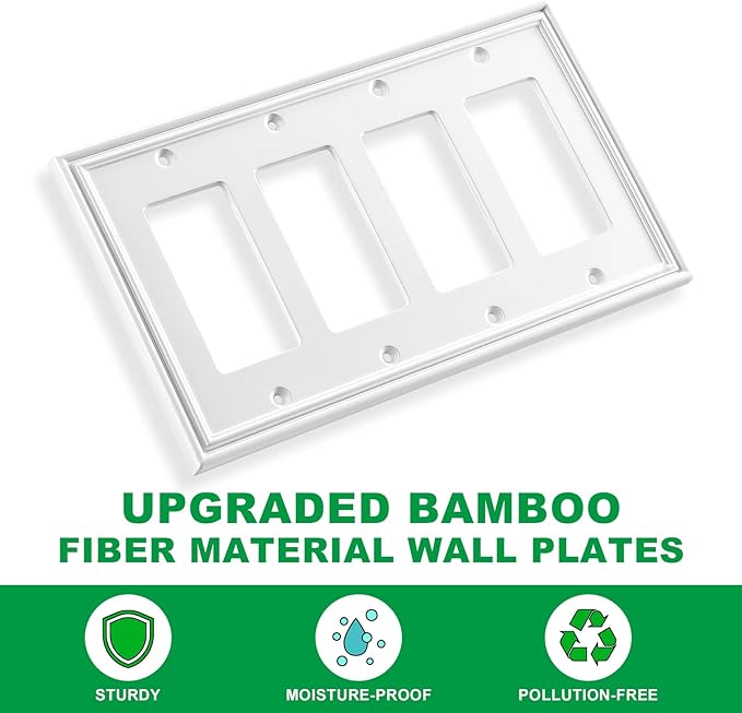 White Modern Decorative Wall Plate Light Switch Cover Decorator Outlet Covers Rocker Switch Plates Bamboo Fiber Material Wall Plates for Kitchen Bathroom (4 Gang Quad Decorator-1 Pack)