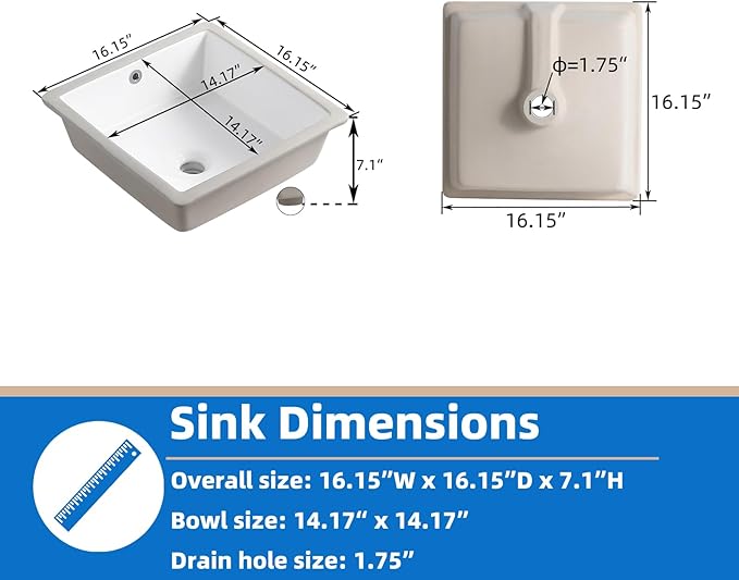 16 Inch Small Square White Undermount Bathroom Sink 16.15" x 16.15" Vanity Under Counter Basin Porcelain Rectangle Vessel Sink for Tiny Place Opening Size 14.17" x 14.17" Lavamanos Para Baños KINGWONG
