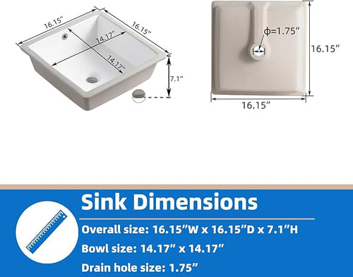 16 Inch Small Square White Undermount Bathroom Sink 16.15" x 16.15" Vanity Under Counter Basin Porcelain Rectangle Vessel Sink for Tiny Place Opening Size 14.17" x 14.17" Lavamanos Para Baños KINGWONG